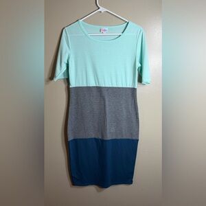 LuLaRoe Julia Color Block Knee Length Dress Womens Small Mint Gray Blue Stretch